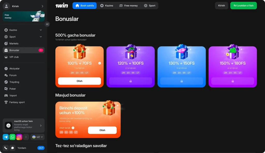 O'zbekistonda 1win bonuslari va aksiyalari
