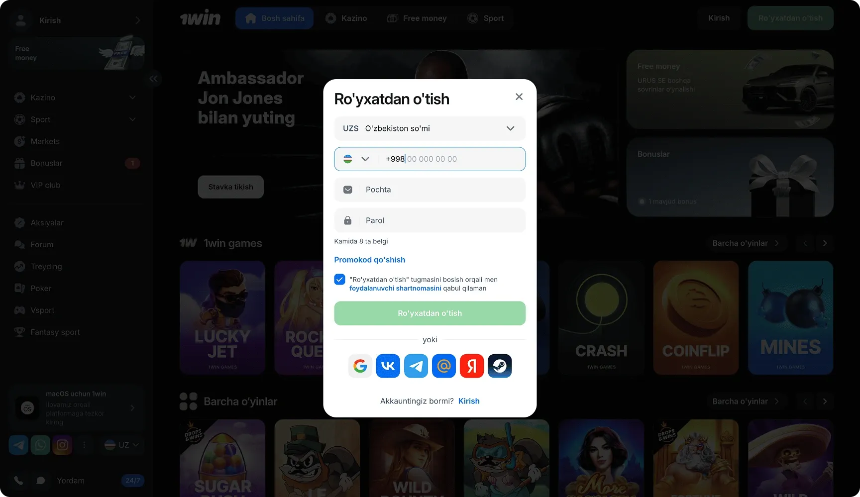1win UZ da ro'yxatdan o'tish