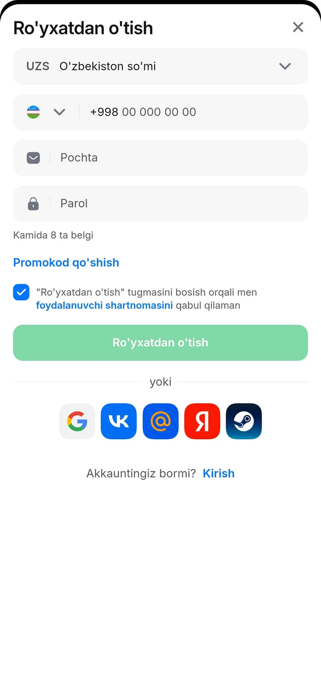 1Win ilovasida ro'yxatdan o'ting